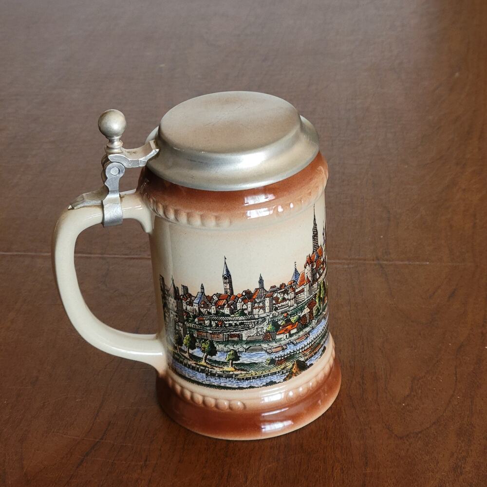 Vintage German Beer Stein Porcelain Village River Lowenbrau Pewter Lid ZINN